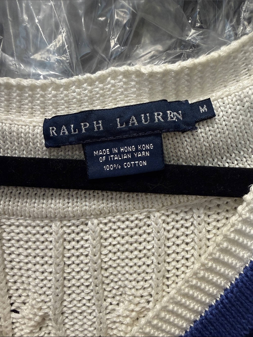 Ralph Lauren Cream Cable-Knit V-Neck Sweater with Navy and Royal Trim medium - Picture 2 of 5